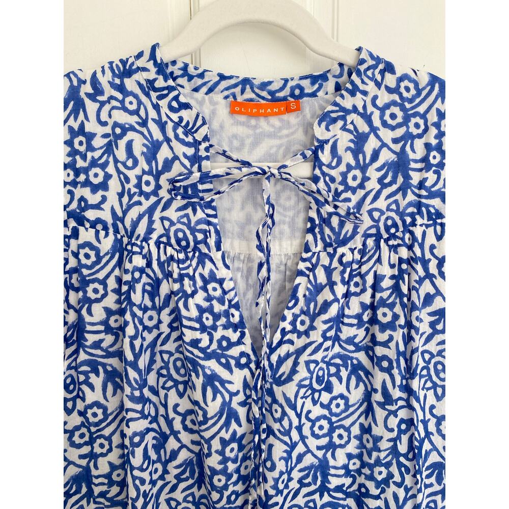 OLIPHANT Tuckernuck Smocked Drop Waist Mini Dress Cypress Blue Print S - Picture 9 of 10